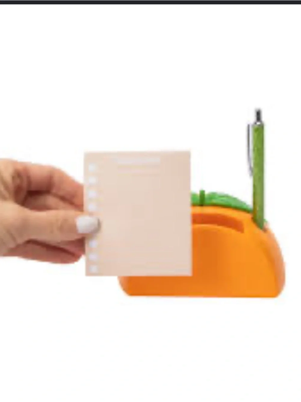 Note Station Orange Desk Memo Holder with Green Leaf Accent and Pen Slot